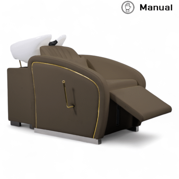 LAVATESTA PARRUCCHIERE | HATI.M | SIMILPELLE MARRONE SCURO CON INSERTI IN ORO E ALZA GAMBE MANUALE